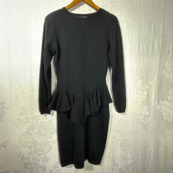 Vintage Sweater Dress 4 PETITE Black Ruffle Lace Lambswool Angora Ambria - Picture 2 of 12